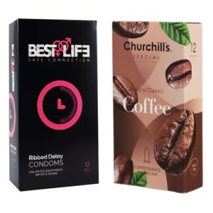 کاندوم چرچیلز مدل Coffee به همراه کاندوم بست لایف مدل Ribbed Delay