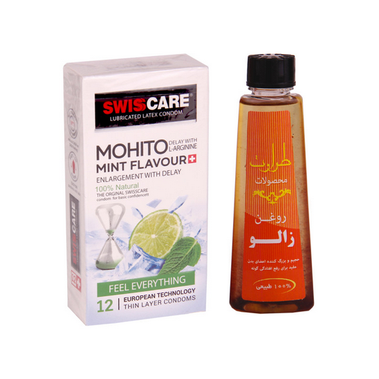 کاندوم سوئیس کر مدل MOHITO بسته 12 عددی به همراه روغن زالو طراوت مدل 09 حجم 50 میلی لیتر گزارش نادرستی مشخصات DKP-3069540 کاندوم سوئیس کر مدل MOHITO بسته 12 عددی به همراه روغن زالو طراوت