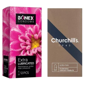 کاندوم چرچیلز Ultra Thin Double Delay و بونکس Extra Lubricated
